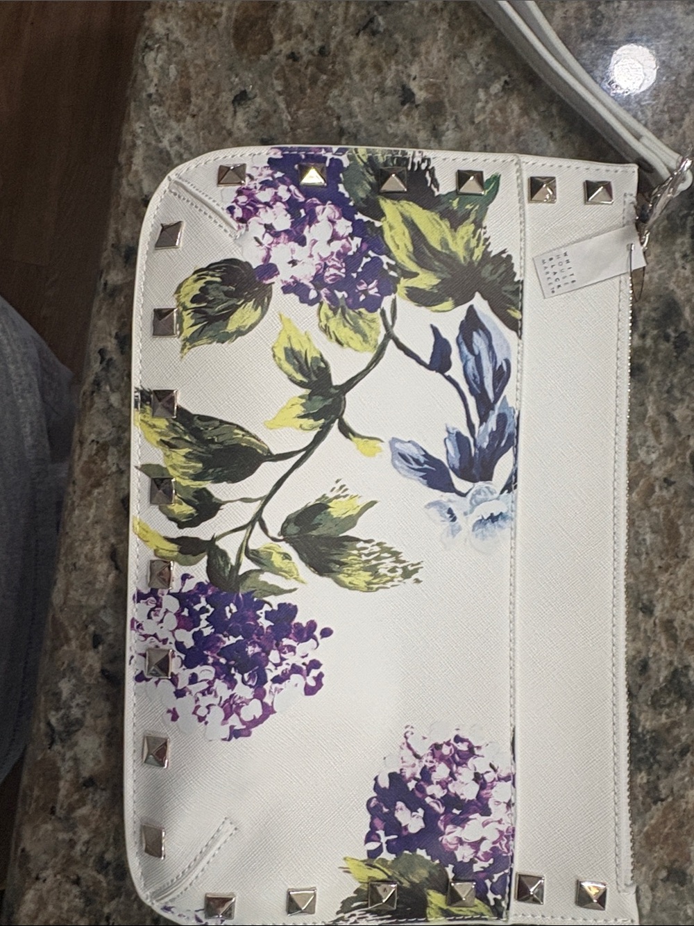 White House Black Market White Floral Studded Wristlet